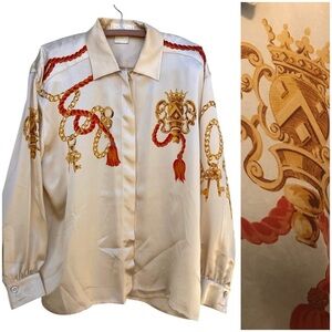 1980s Vintage ESCADA Baroque & Tassel Print Silk Tailored Silk Button Up Blouse